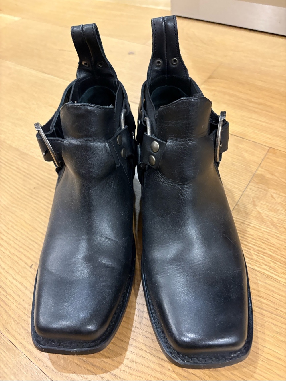 John Fluevog Black Leather Ankle Boots with Decorative Buckle - Picture 2 of 5
